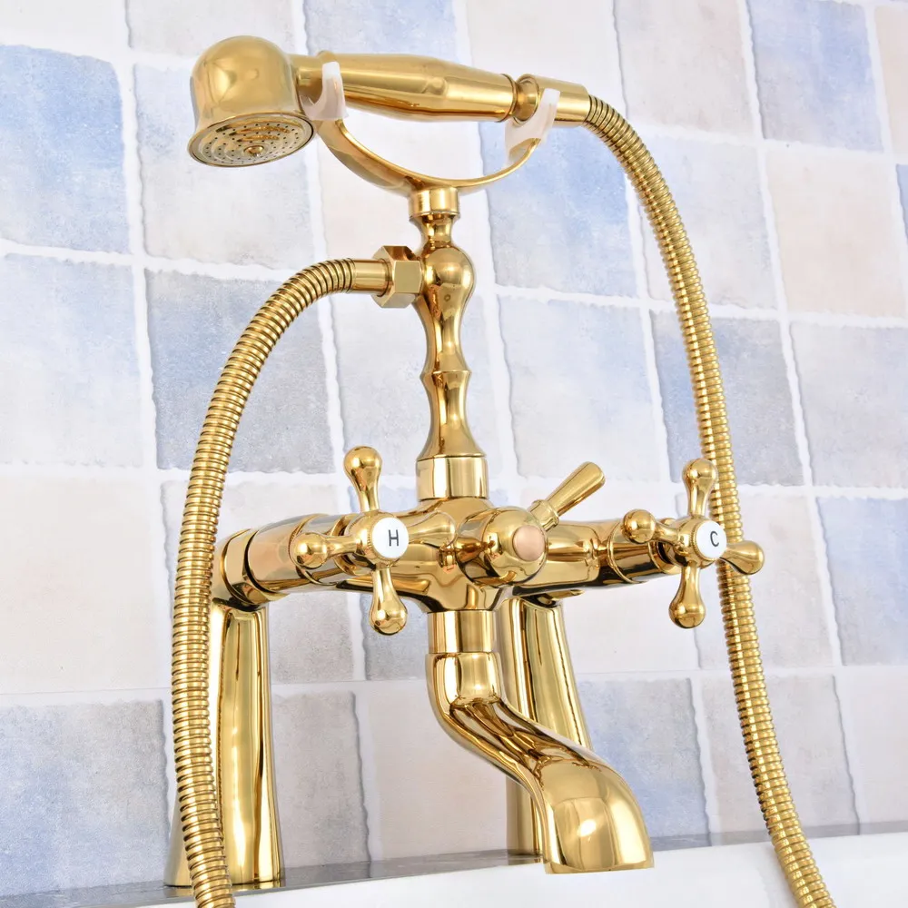 

Luxury Gold Color Brass Deck Mounted Bathroom Tub Faucet Dual Handles Telephone Style Hand Shower Clawfoot Tub Filler atf787