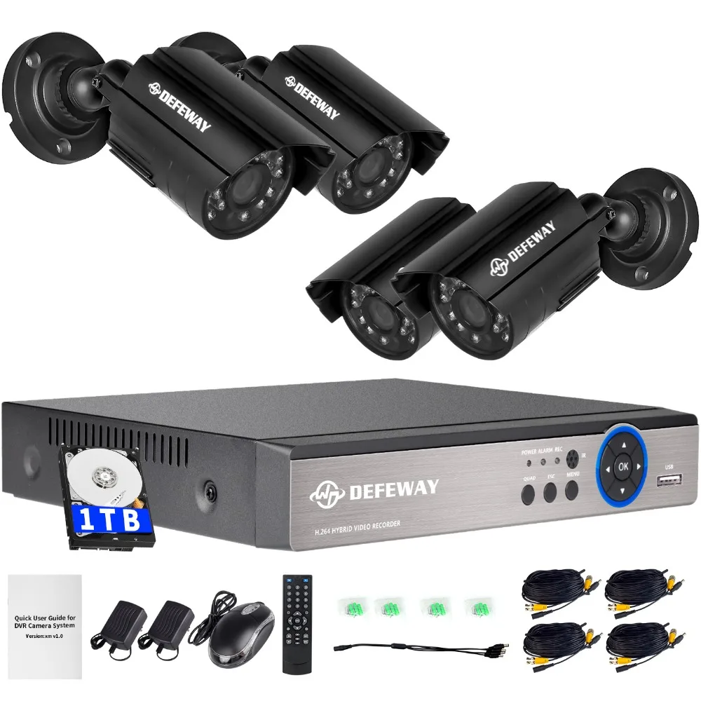 

DEFEWAY 1080N DVR 1200TVL 720P HD Outdoor Security Camera System 1TB Hard Drive 4CH DVR CCTV Surveillance Kit AHD Camera Set