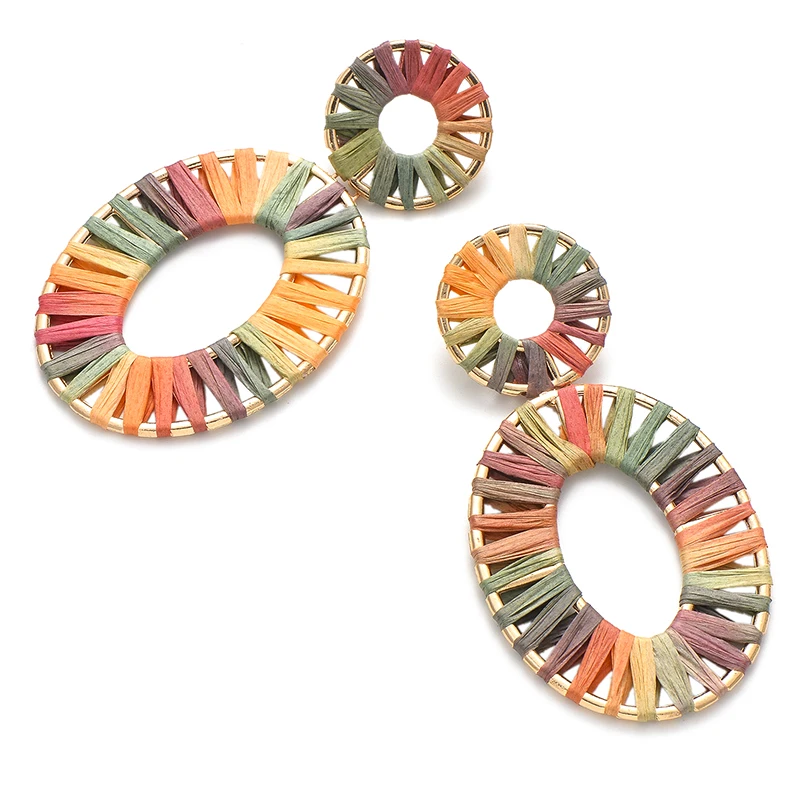 Фото Bohemia Rainbow Rattan Big Drop Earrings For Women Multicolor Geometric Raffia Round Charm Statement Earring Za Jewelry | Украшения и