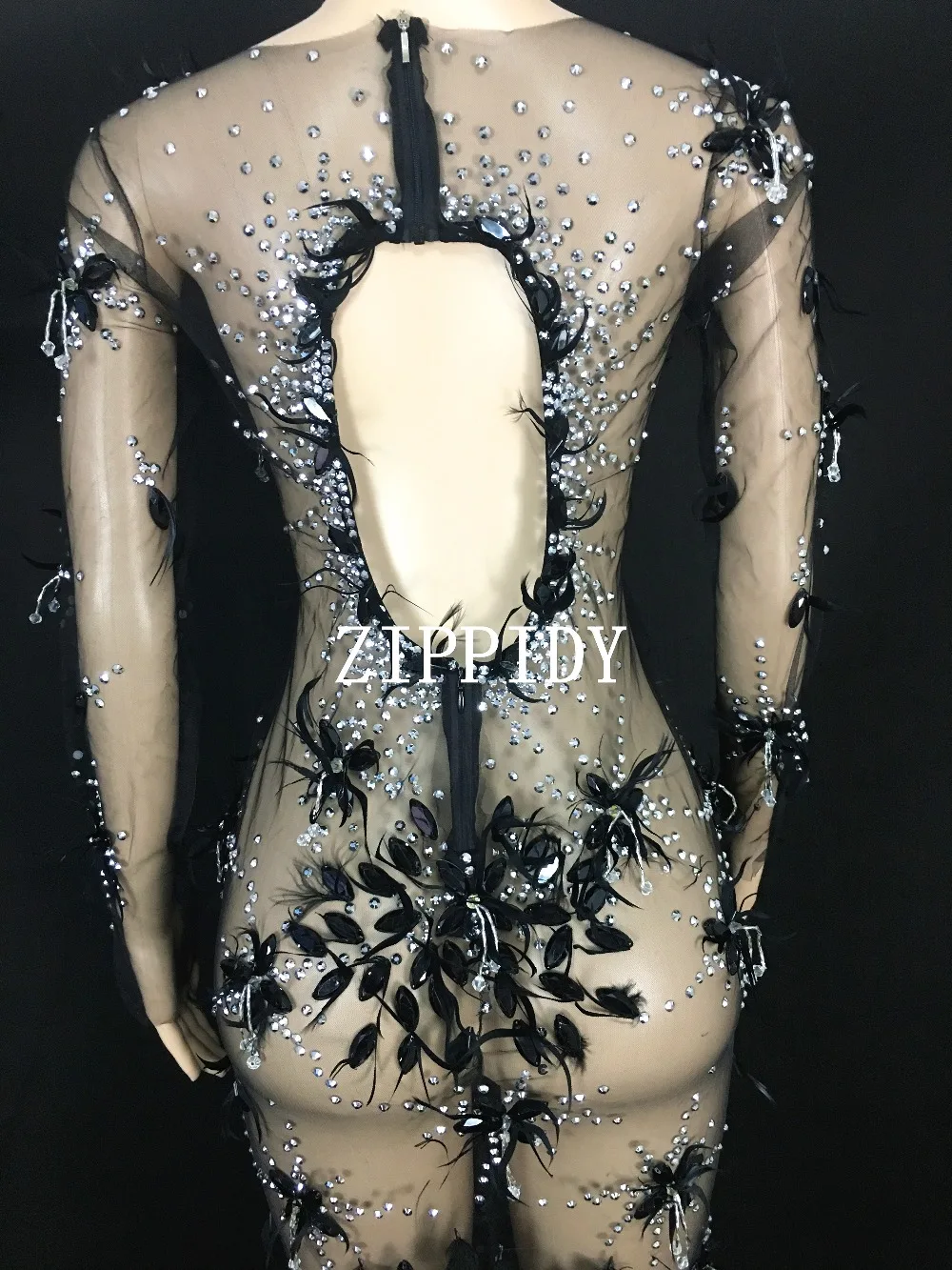 Черный сетчатый с перьями платье кристаллами женское вечернее роскошное длинное