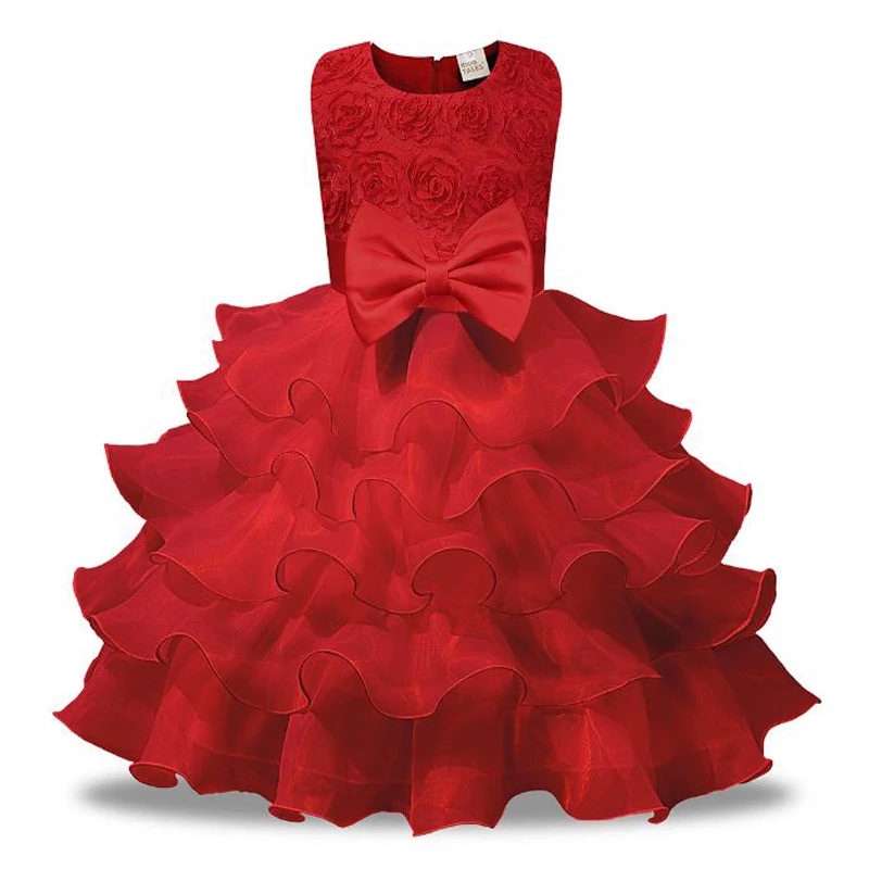 cute baby girl sleeveless dress for Birthday Party Wedding costume kid girl clothes floral appliques tutu dress with bowknot red