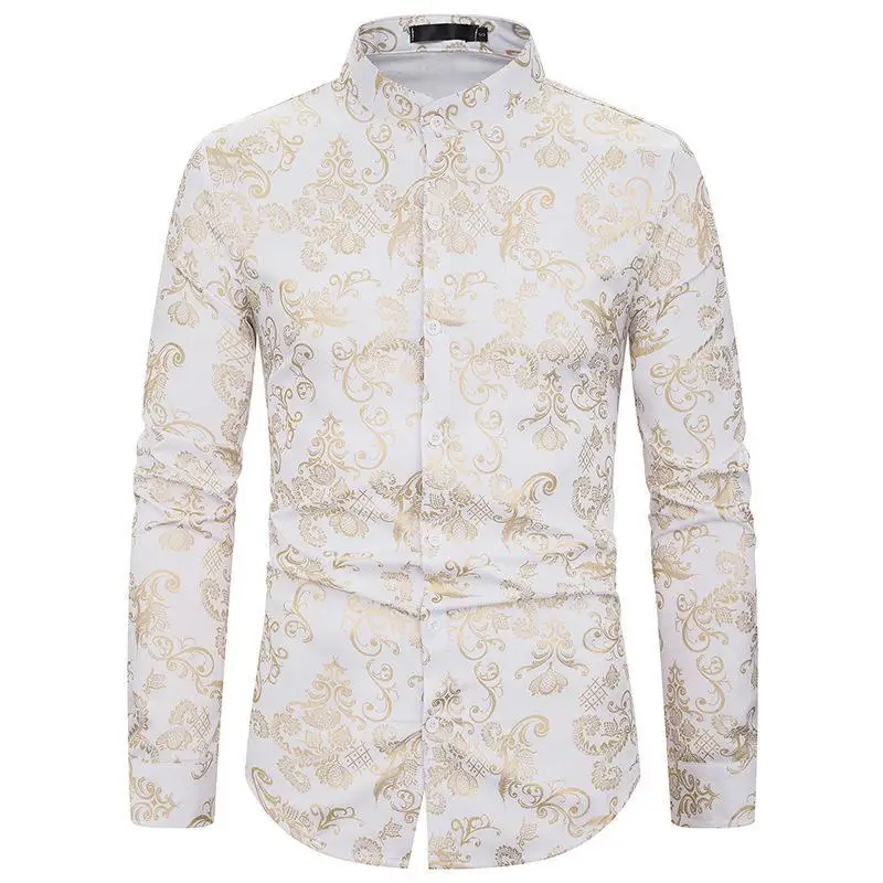 Stand Collar Long Sleeve Autumn Shirt Men Single Breasted Tucedo Shirts Streetwear Gold Floral Printed Male Blouse US Size XXL
Stand Collar Long Sleeve Autumn Shirt Men Single Breasted Tucedo Shirts Streetwear Gold Floral Printed Male Blouse US Size XXL