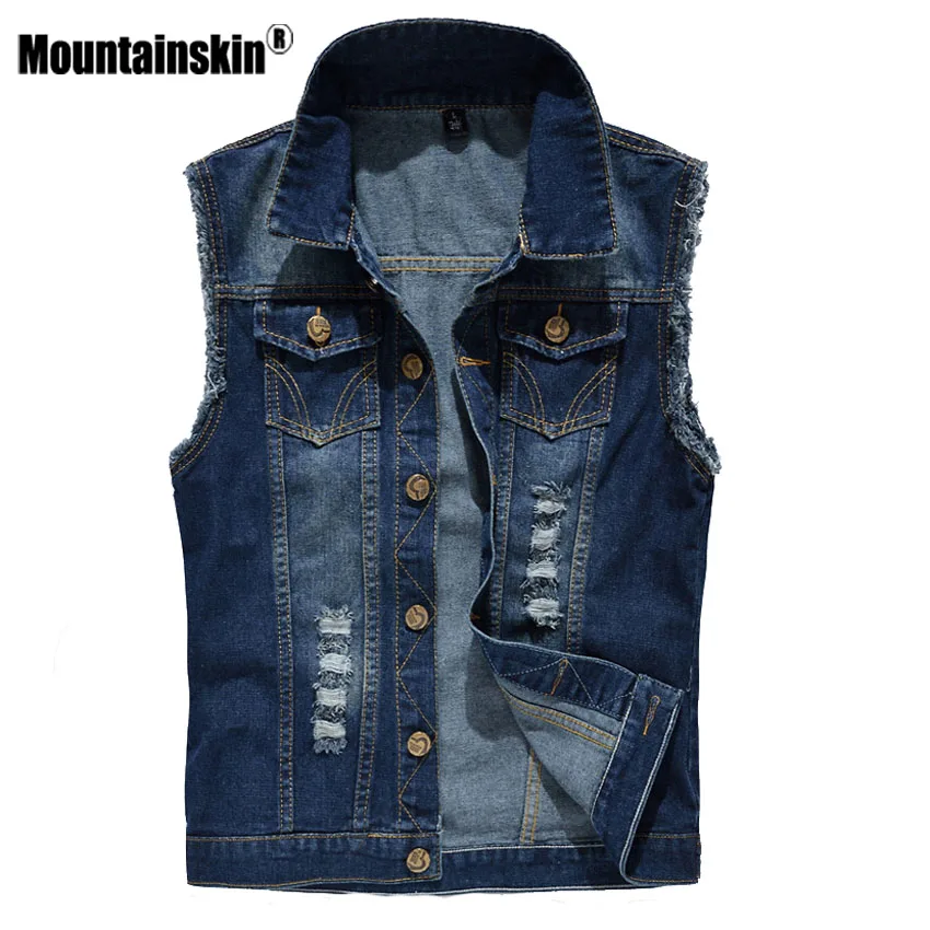 Мужская джинсовая безрукавка Mountainskin синяя ковбойская рваная Джинсовая лето 2019 |
