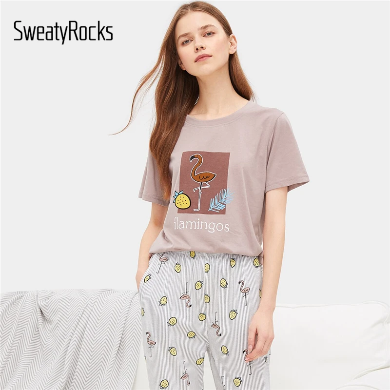SweatyRocks Flamingo and Fruit Print Striped Pajamas for Women Summer Sleepwear 2019 Short Sleeve Top and Pants Pajama Set
SweatyRocks Flamingo and Fruit Print Striped Pajamas for Women Summer Sleepwear 2019 Short Sleeve Top and Pants Pajama Set