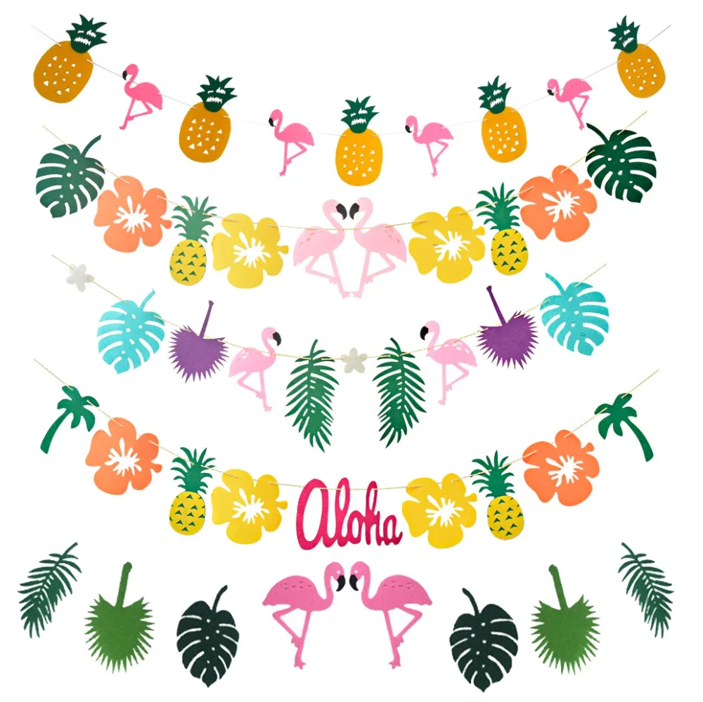 Hawaiian Flamingo Pineapple Banners Bunting Summer Party Birthday Tropical Tropical Party Hawaiian Bundles Coconut leaf Garlands (1)