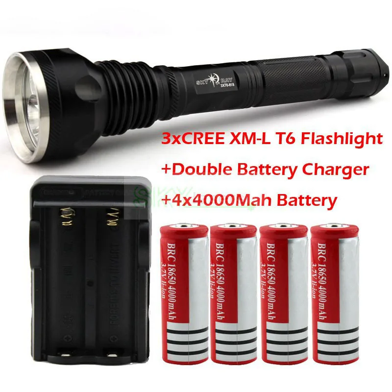 Оптовая продажа SKY RAY 4000 люмен 3T6 3 х CREE xm-l XML T6 светодиодный фонарик факел + 4*4000mah18650