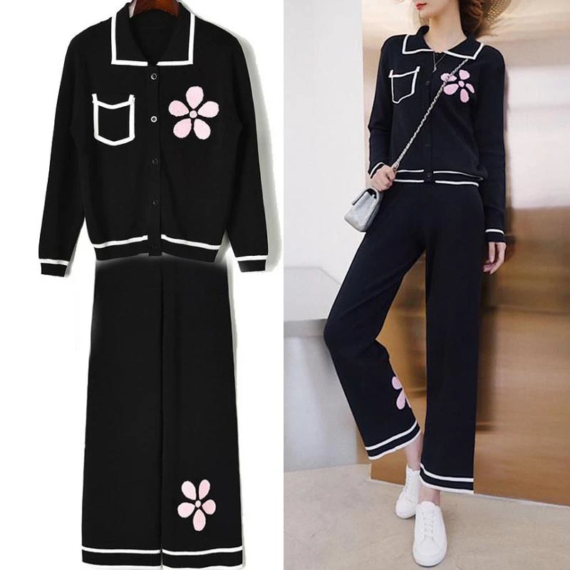 Luxury Designer Women Fashion Lapel Collar Long Sleeve Knitting Top + High Waist Wide Leg Pants Casual Floral Black Suit 2PC S-L
Luxury Designer Women Fashion Lapel Collar Long Sleeve Knitting Top + High Waist Wide Leg Pants Casual Floral Black Suit 2PC S-L