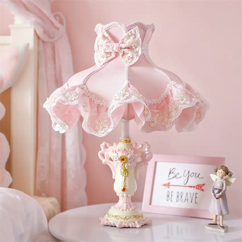 European Pink Fabric Princess Table Lamps Cute Home Children Room
