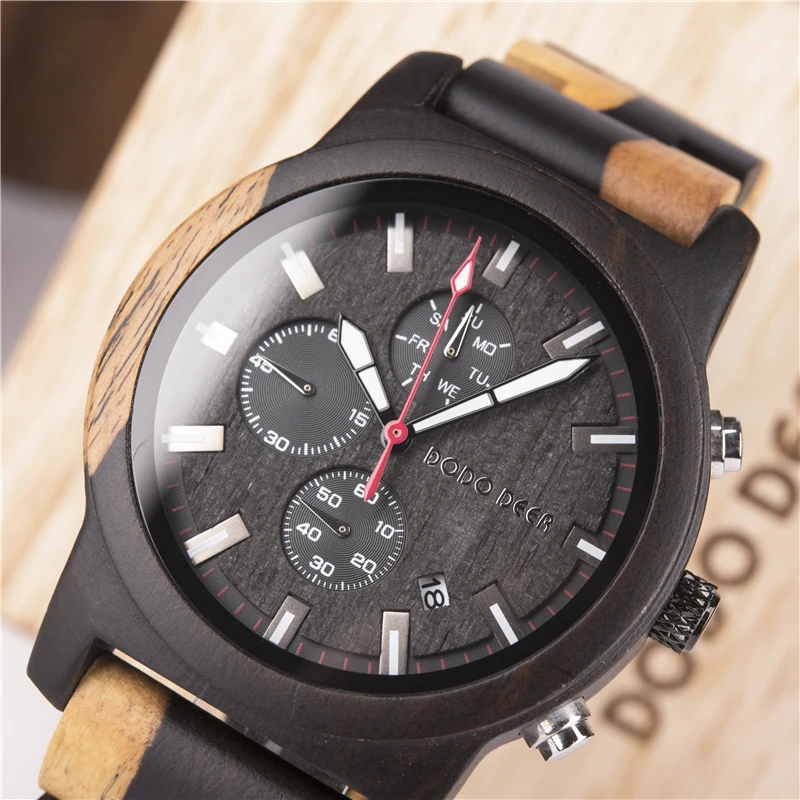 

DODO DEER Three Eyes Chronograph Week Date Display Timepieces Unique Sports Watch Men's Quartz reloj hombre In Gift Wood Box C18