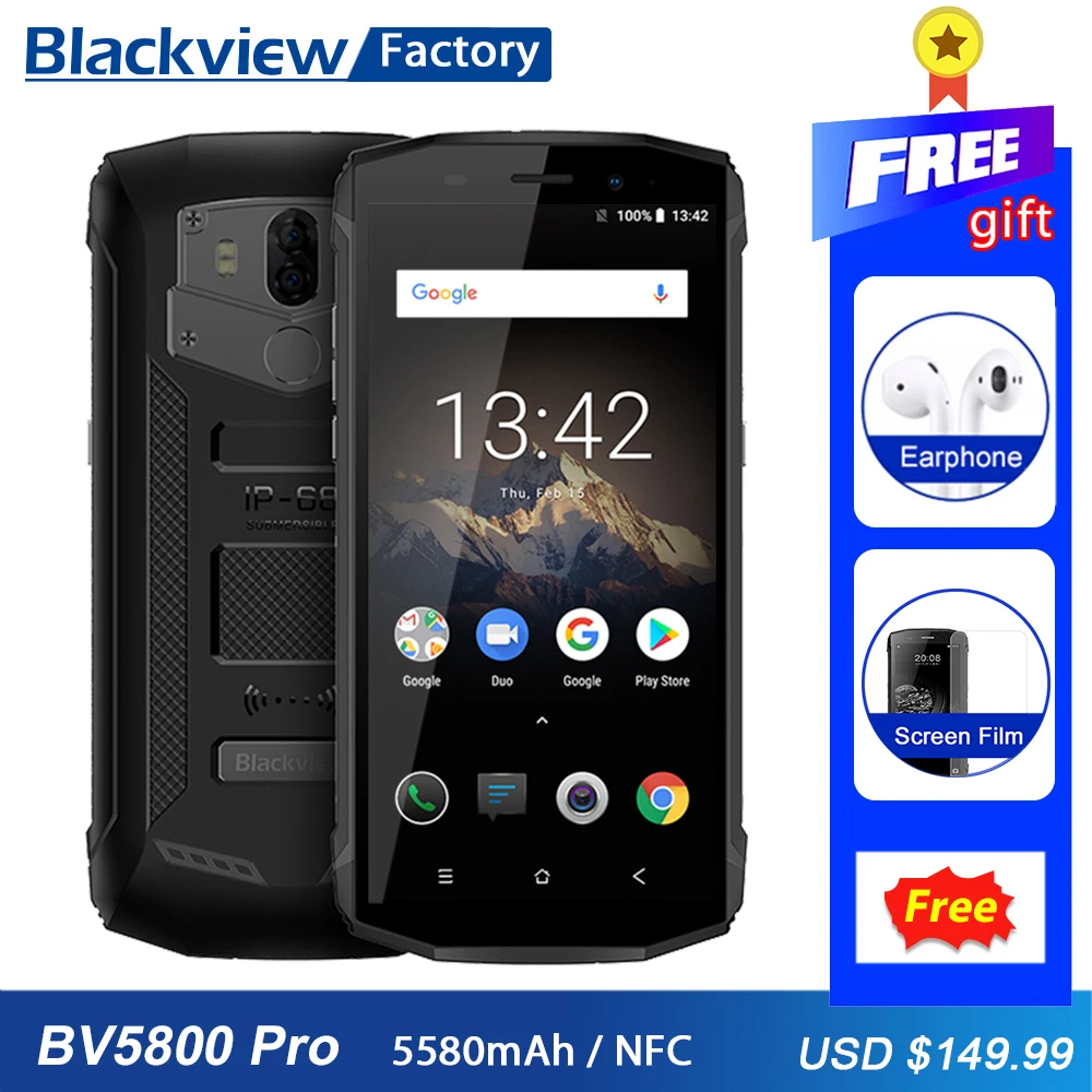 Blackview BV5800 Pro Waterproof IP68 Smartphone 5.5" HD+ Quad Core Android 8.1 13MP+8MP NFC 5580mAh Wireless Charge mobile Phone
Blackview BV5800 Pro Waterproof IP68 Smartphone 5.5" HD+ Quad Core Android 8.1 13MP+8MP NFC 5580mAh Wireless Charge mobile Phone