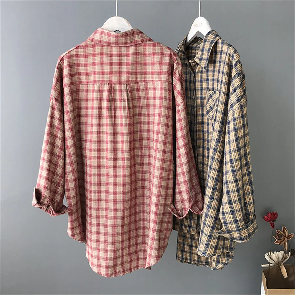 Boyfriend Style Blouses 100% Cotton Loose Women Plaid Shirts 2019 Office Women Blouse Shirt Female Outerwear Casual Pocket Shirt (2)