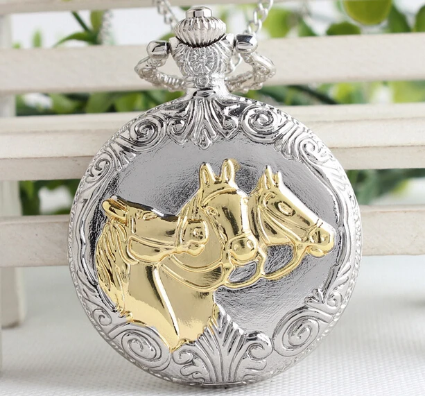 Hot sales silver three little horse quartz man Pendant clock Necklace pocket watch gift Free shipping
Hot sales silver three little horse quartz man Pendant clock Necklace pocket watch gift Free shipping
