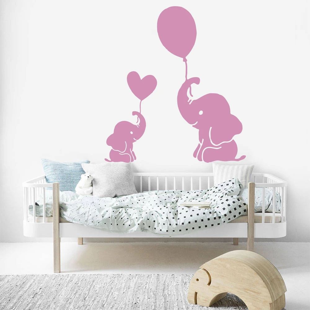 Cartoon Mom Baby Elephant Balloon Heart Wall Decal Nursery Kids Room Jungle Elephant Animal Wall Sticker Bedroom Vinyl Decor (1)