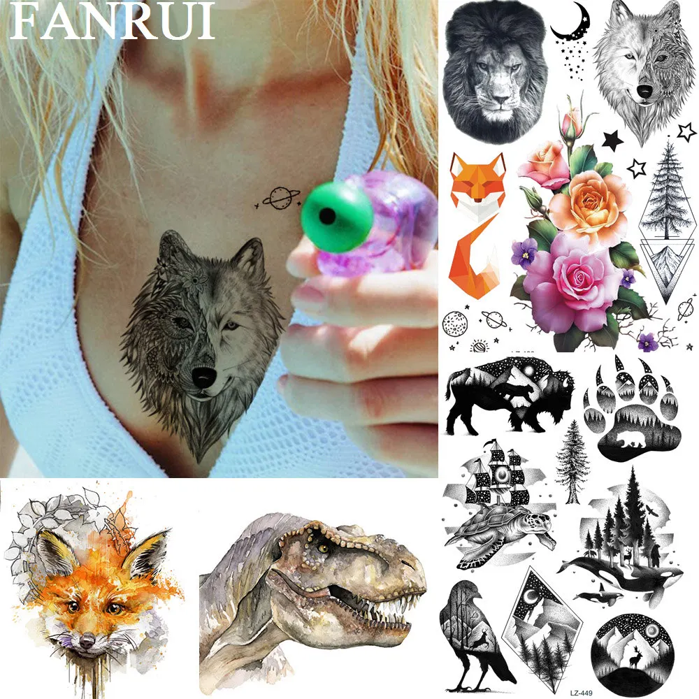 Женские Временные татуировки FANRUI Wolf Rose Flower геометрические фальшивые на заказ |