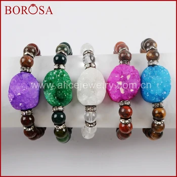 

BOROSA 5PCS Fashion Rainbow Agates Druzy With 8mm Multi-kind Stone Beads Bracelet Drusy Gems Bangle Jewelry for Women G1556