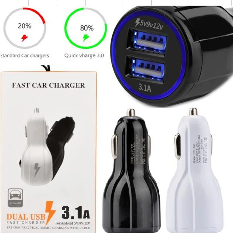 

QC3.0 Fast Charger 3.1A Quick Charge 5v/9v/12v 3.1A Dual 2 Port USB Car Charger For iPhone For Samsung s8 s7 s6 With Retail Box