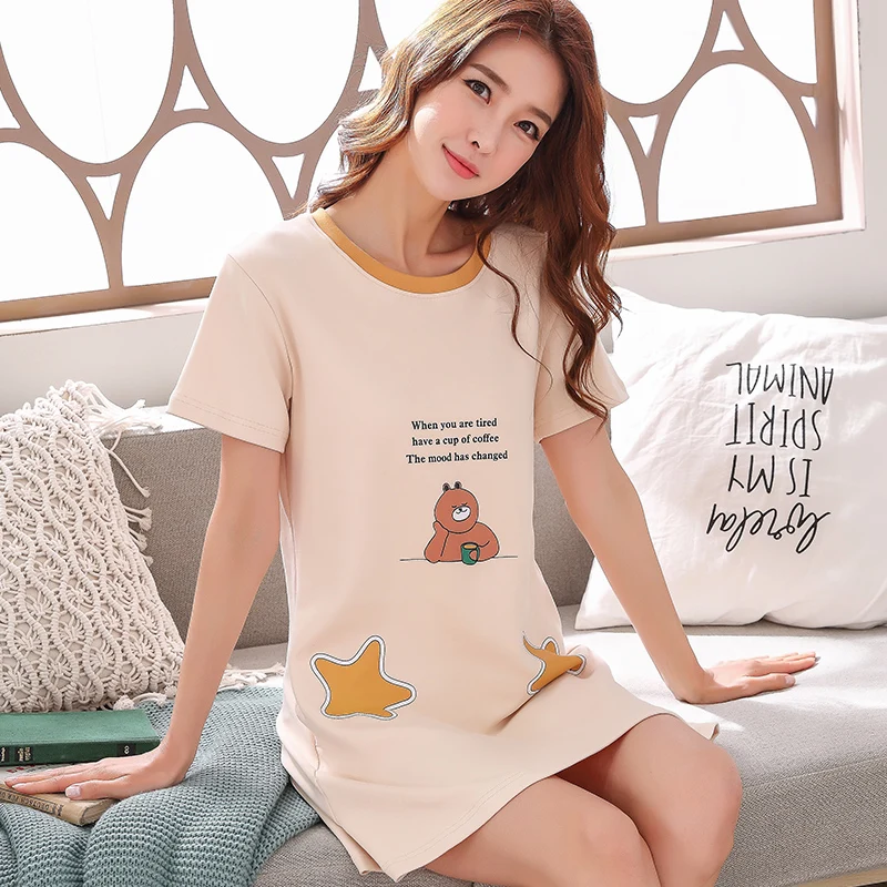 

Cotton Night Dress Women Nightgown Plus size Loose Female Sleepwear Summer Sleeping Cartoon Nightwear Ladies Home Dress Nighty