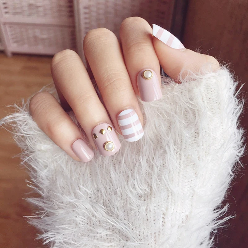 Image 4 style optional 24pcs set package side Pearl Stripe finished false Nail,Acrylic Short size girl full nail tips art tool bride