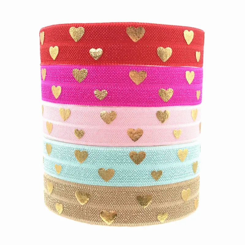 

10yards 15mm Gold Foil Love Heart Print Fold Over Elastic FOE Ribbon Diy Headwear tie Sewing Wedding Decoration Accessories