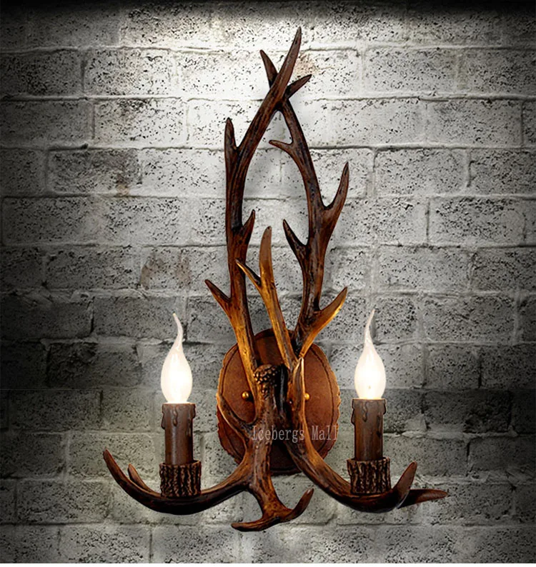 Image 2016 Art Deco Retro  Resin Antler Wall Lamp American Country Wall Light  Deer Horn candle Lampshade Wall Sconce 110 240V