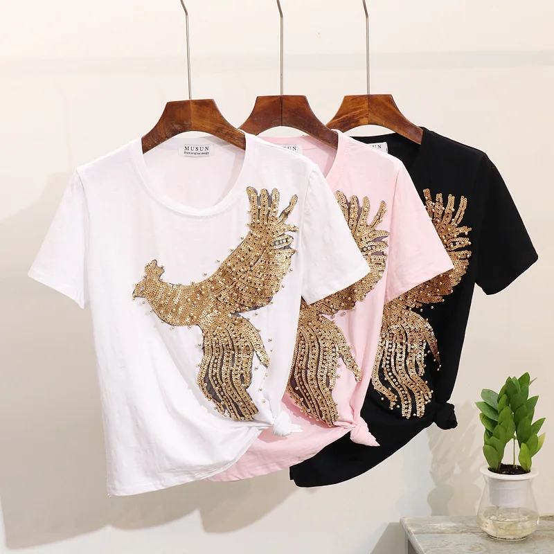 Spring and Summer 2019 New O Neck Pullovers Heavy Bead Pearl Segment Phoenix Short-sleeved T-shirt Women's Fashion Top Students
Spring and Summer 2019 New O Neck Pullovers Heavy Bead Pearl Segment Phoenix Short-sleeved T-shirt Women's Fashion Top Students