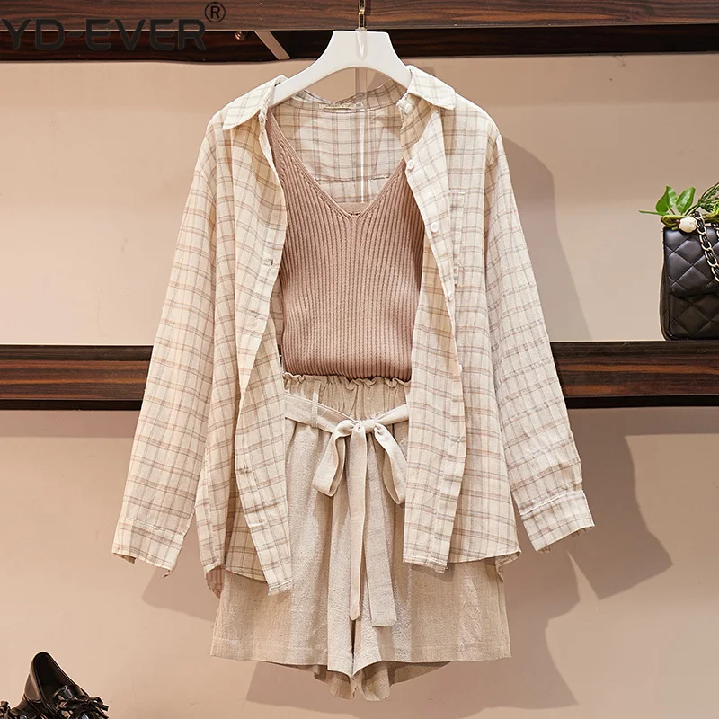 M-4XL Summer Women 3 Piece Set Plus Size Linen Plaid Loose Shirt + Knitted Vest + Elastic Waist Sashes Short Pants Set
M-4XL Summer Women 3 Piece Set Plus Size Linen Plaid Loose Shirt + Knitted Vest + Elastic Waist Sashes Short Pants Set