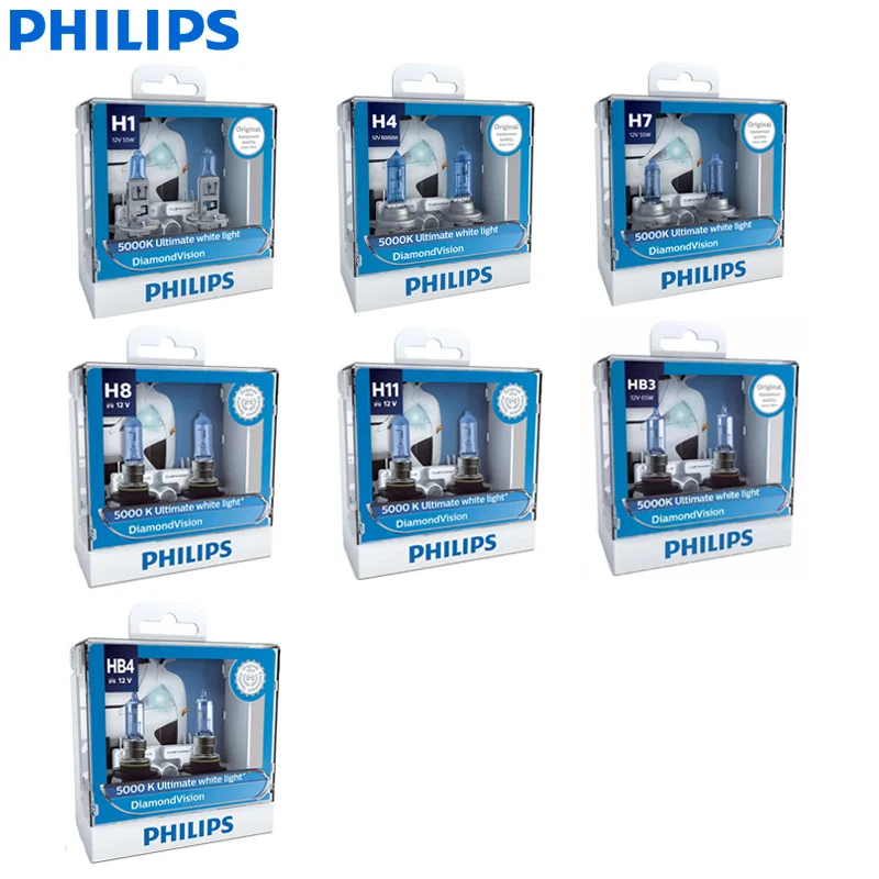 Philips Diamond Vision H1 H4 H7 H8 H11 9005 9006 HB3 HB4 12V DV 5000K Cool White Light Car Halogen Headlight Fog Lamp (Twin)
Philips Diamond Vision H1 H4 H7 H8 H11 9005 9006 HB3 HB4 12V DV 5000K Cool White Light Car Halogen Headlight Fog Lamp (Twin)