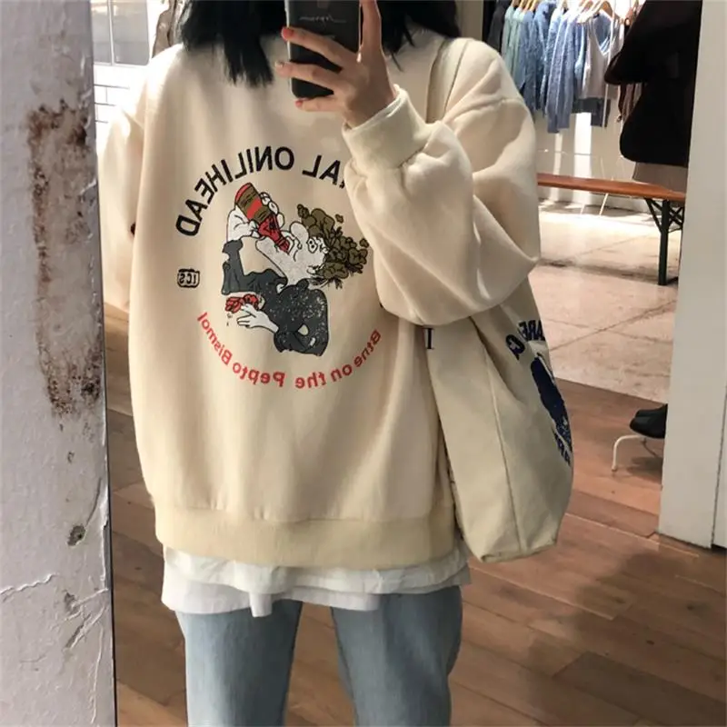 Для женщин кофты Harajuku Ulzzang мультфильм печатных свободные шею толстовка для