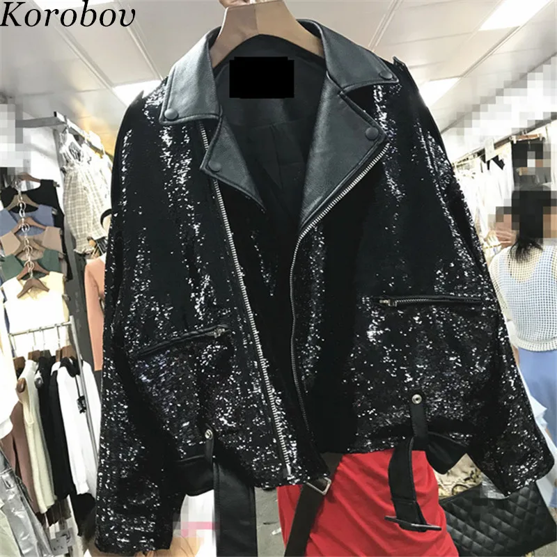 Korobov 2019 New Korean PU Streewear Jacket Suquined Patchwork Women Female Coats Loose Casual Pockets Mujer Jackets 76385 | Женская