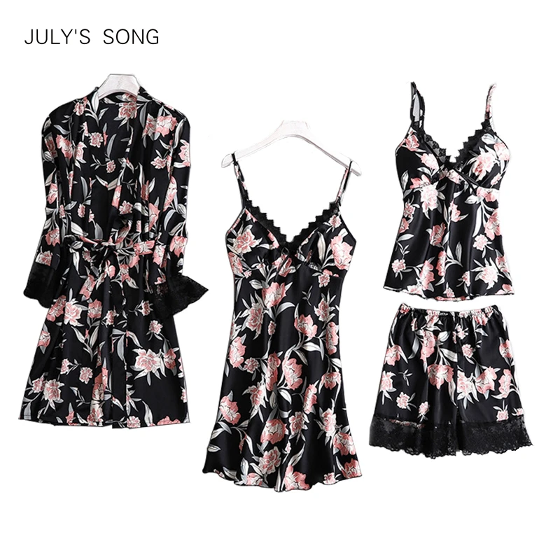 JULY'S SONG 4 Pieces Printed Sexy Pajamas Set Women Faux Silk Lace Sling Robe Sleeveless Shirt Shorts Summer Sleepwear Nightdres
JULY'S SONG 4 Pieces Printed Sexy Pajamas Set Women Faux Silk Lace Sling Robe Sleeveless Shirt Shorts Summer Sleepwear Nightdres
