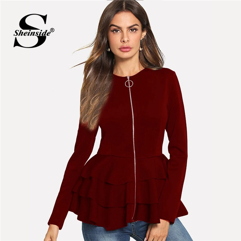 

Sheinside Burgundy O-Ring Zip Up Tiered Layer Ruffle Hem Blazer Elegant Long Sleeve Outerwear Women Autumn Plain Workwear Coats