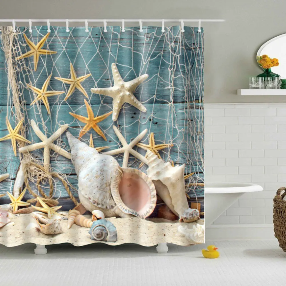 Waterproof Shower Curtain Sea Shell Starfishes and Fishing Pattern Bathroom Screen Fabric Bath Curtains with 12 Hooks
Waterproof Shower Curtain Sea Shell Starfishes and Fishing Pattern Bathroom Screen Fabric Bath Curtains with 12 Hooks