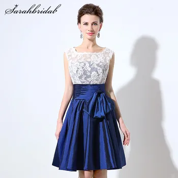 

Youthful Navy Blue Taffeta Bridesmaid Dresses White Lace Short Knee-Length Prom Gown for Wedding Party A-line Scoop Pleats SD323