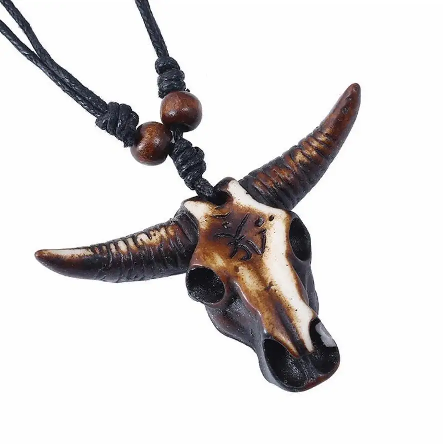 Vintage Ethnic Biker Bull Skull Goat Head Necklace Male Pendant Necklaces Cow Pagan Retro Leather Resin Neclace Men | Украшения и