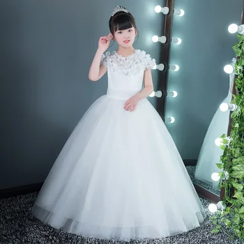 

Glitz White Floor-Length Communion Pageant Girls Princess Dress Kids Teenagers Appliques Floral Performance Show Party Dress