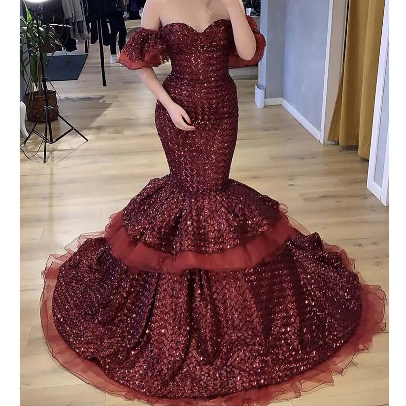 Classic Evening Dresses Burgundy Sweetheart Short Sleeve Bling Bling Mermaid Vestidos De Fiesta 2019
Classic Evening Dresses Burgundy Sweetheart Short Sleeve Bling Bling Mermaid Vestidos De Fiesta 2019