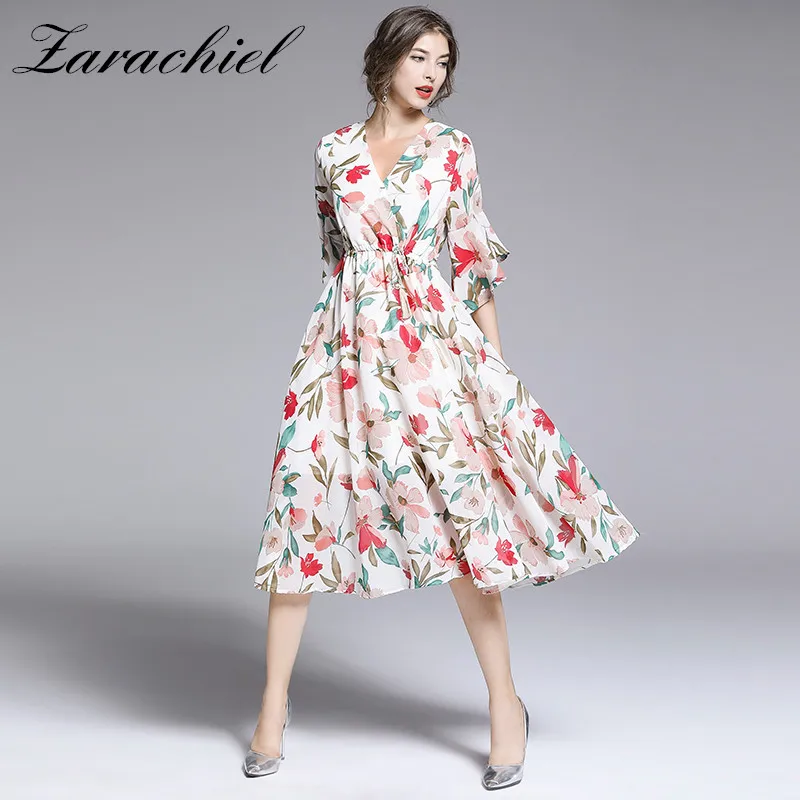 2019 Summer Bohemian New Arrival Elastic Waist Lace-up V-Neck Flare Sleeve Flower Printed Dress Woman Chiffon Mid-Calf Dress
2019 Summer Bohemian New Arrival Elastic Waist Lace-up V-Neck Flare Sleeve Flower Printed Dress Woman Chiffon Mid-Calf Dress