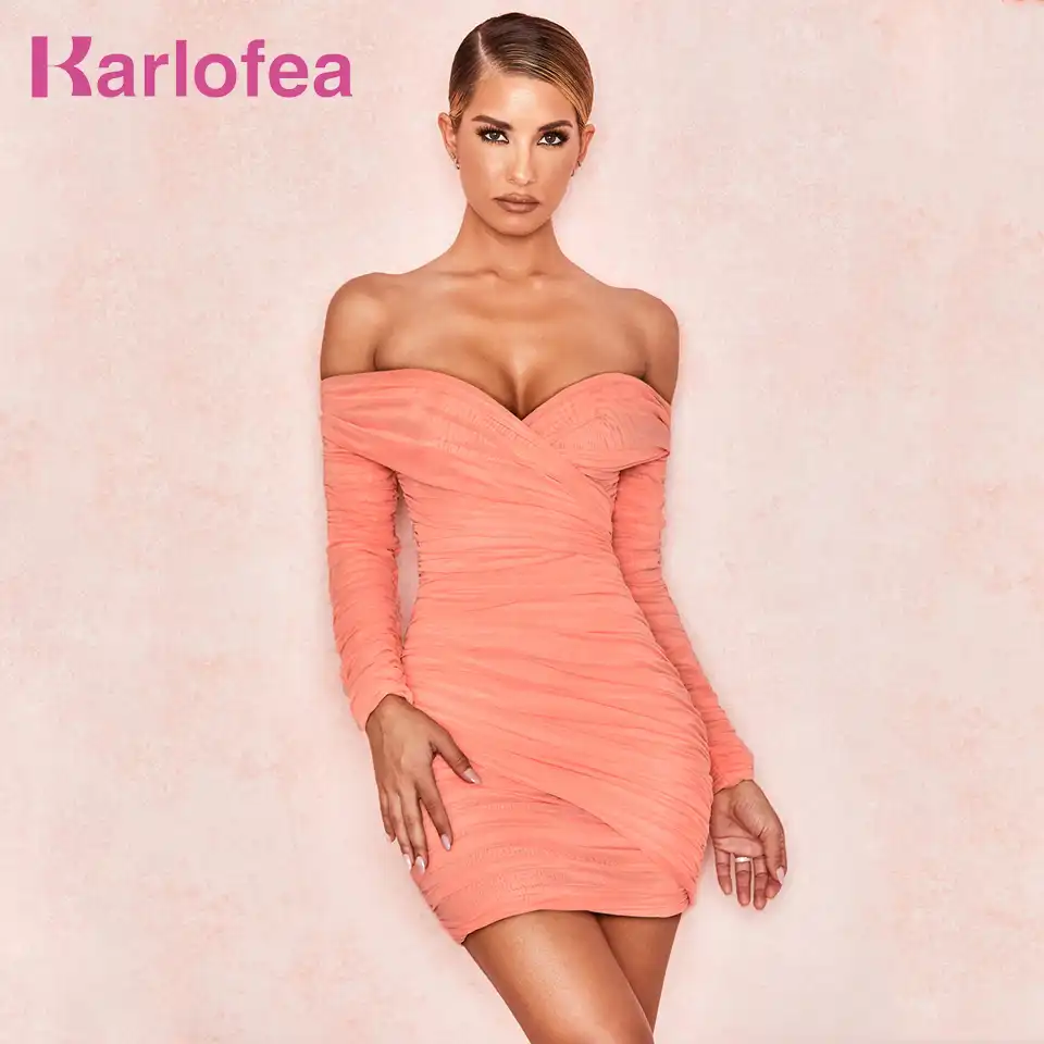 bodycon off shoulder dress with plunging neckline