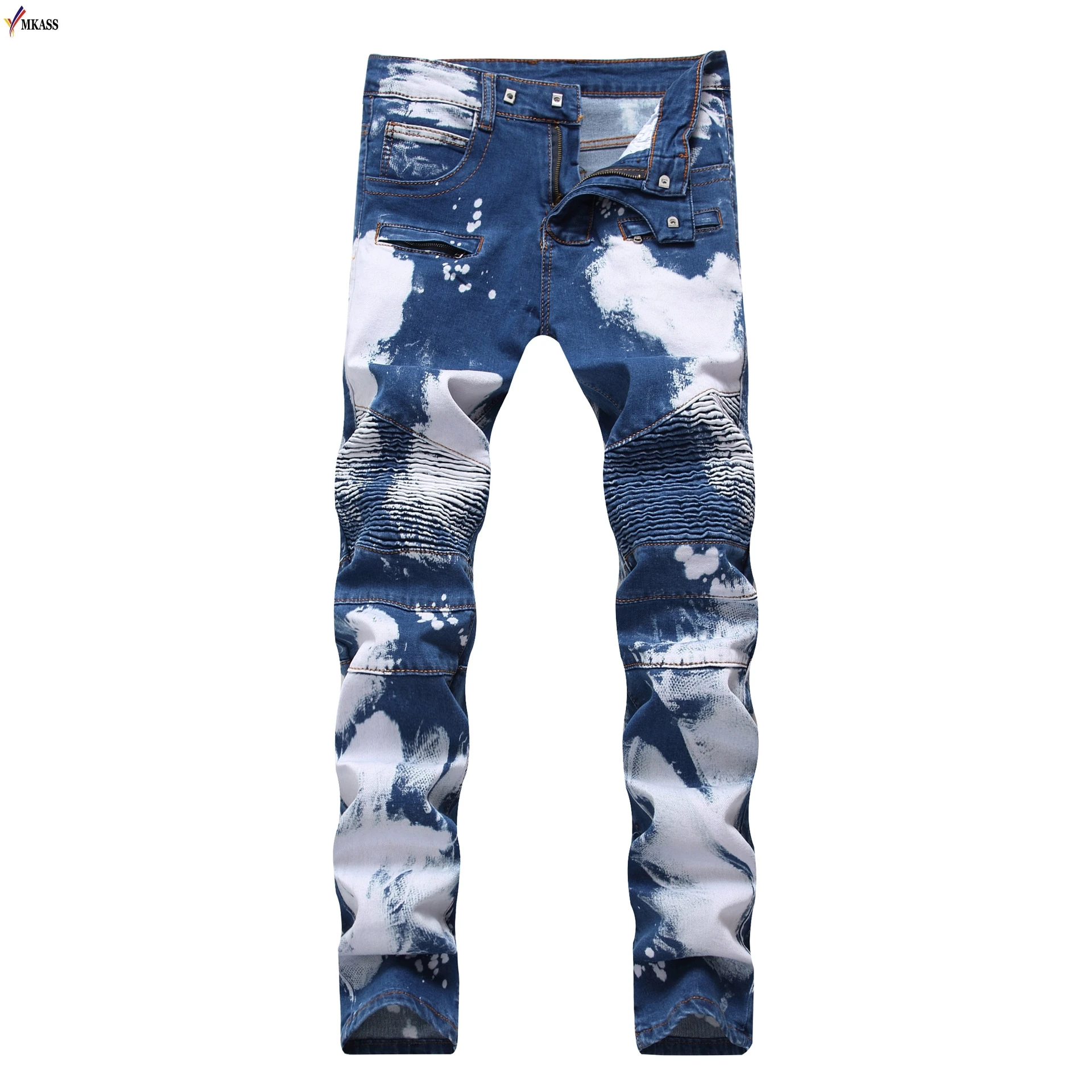 Hot  Brand Designer Fashion Jeans Men Straight Blue Color Printed Mens Jeans  Motocycle Denim Trousers Ripped Jeans 100% Cotton
