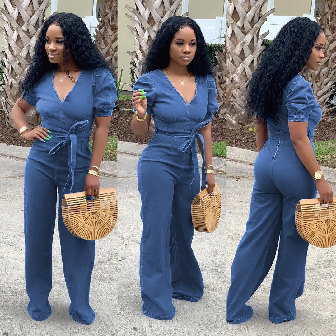 Short Sleeve V-neck Halter Top with Belt Full Length Jumpsuit. Back Zipper 2019 Summer Women's M6166 Two-color
Short Sleeve V-neck Halter Top with Belt Full Length Jumpsuit. Back Zipper 2019 Summer Women's M6166 Two-color