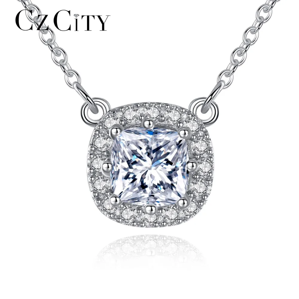 

CZCITY Brand Luxury Square CZ with Tiny Cubic Zirconia Genuine Sterling Silver Necklaces for Women Wedding Pendant Jewelry Gift