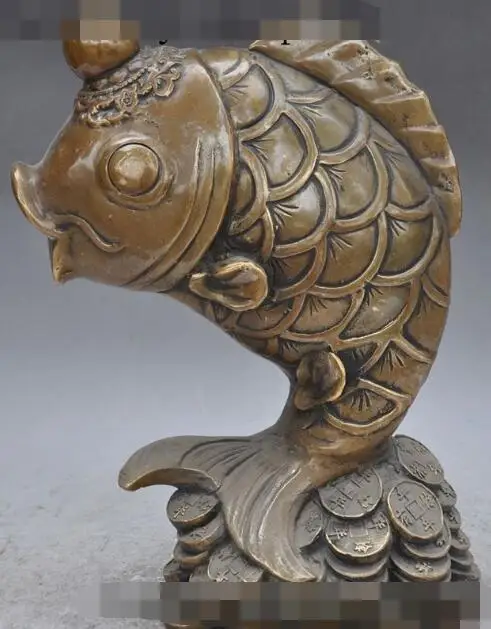 S03582 12"lucky China fengshui Bronze Fish Goldfish Barracuda Wealth Money coin Statue (B0413)