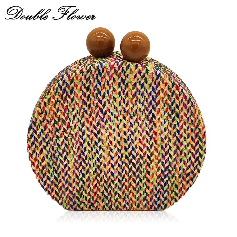 Double Flower Wooden Ball Clasp Multicolored Woven Fabric Women Fashion Day Clutches Handbag Evening Party Chain Shoulder Bag
Double Flower Wooden Ball Clasp Multicolored Woven Fabric Women Fashion Day Clutches Handbag Evening Party Chain Shoulder Bag