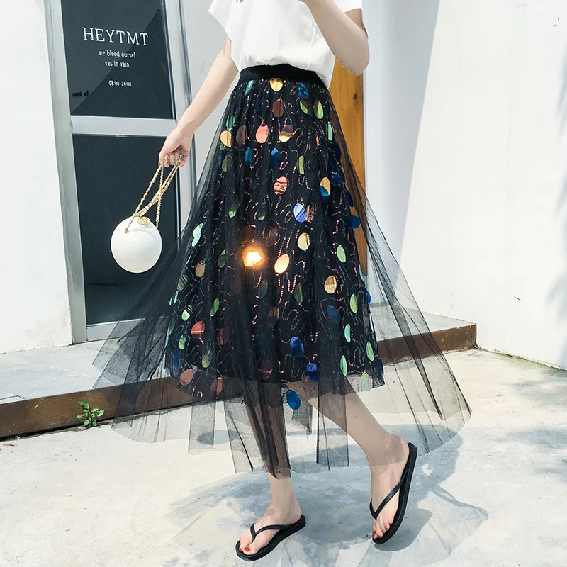 Summer 2019 Korean High Street Rave Style Plus Size Women High Waisted Elastic Waist Reflective Black Sequin Tulle Long Skirt
Summer 2019 Korean High Street Rave Style Plus Size Women High Waisted Elastic Waist Reflective Black Sequin Tulle Long Skirt