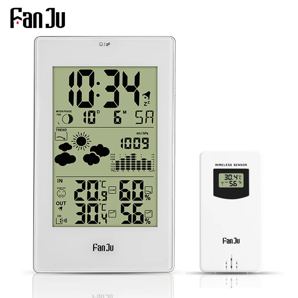 FanJu Weather Station Digital Alarm Wall Clock Temperature Humidity Wireless Outdoor Sensor Thermometer Hygrometer desktop clock
FanJu Weather Station Digital Alarm Wall Clock Temperature Humidity Wireless Outdoor Sensor Thermometer Hygrometer desktop clock