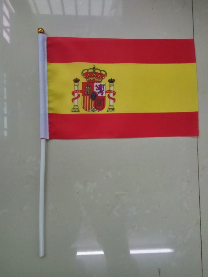 

free shipping xvggdg Spain National Flag with Plastic Flagpole hand waving flags Espana Polyester Flags 14 * 21 CM 100pcs