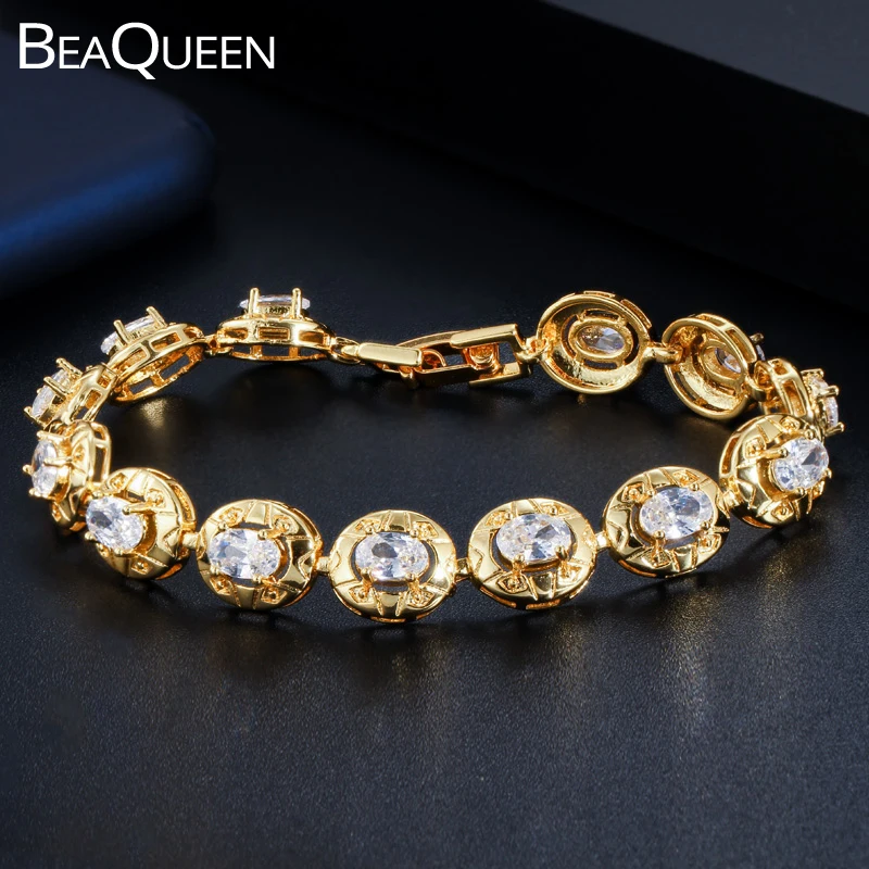 BeaQueen Luxury Yellow Gold Color Indian Jewelry Oval Round Cubic Zircon Crystal Setting Tennis Bracelets for Fashion Women B166 
BeaQueen Luxury Yellow Gold Color Indian Jewelry Oval Round Cubic Zircon Crystal Setting Tennis Bracelets for Fashion Women B166