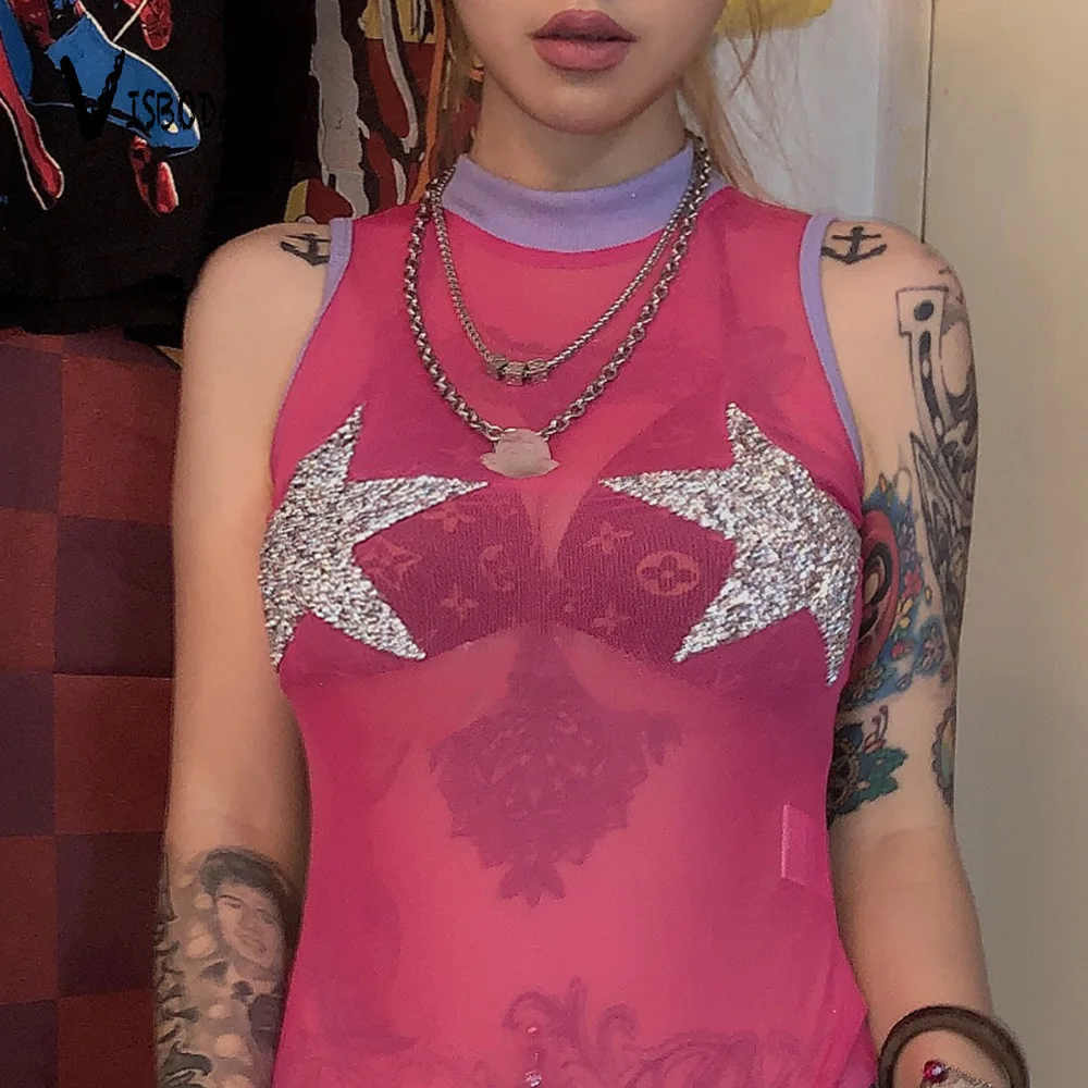 Women Sexy Mesh Bodysuit High Street Skinny Sleeveless Patchwork Jumpsuit Fashion Summer Ladies Pink Stretch See Through Romper
Women Sexy Mesh Bodysuit High Street Skinny Sleeveless Patchwork Jumpsuit Fashion Summer Ladies Pink Stretch See Through Romper