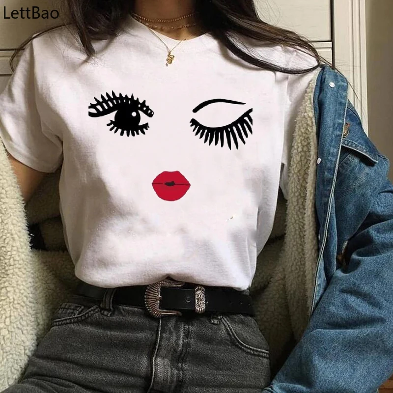Pretty hipster Eye Lashes Red Lips Print Women tshirt Summer Casual cotton Short Sleeve vogue t shirt Ladies White tumblr TShirt
Pretty hipster Eye Lashes Red Lips Print Women tshirt Summer Casual cotton Short Sleeve vogue t shirt Ladies White tumblr TShirt