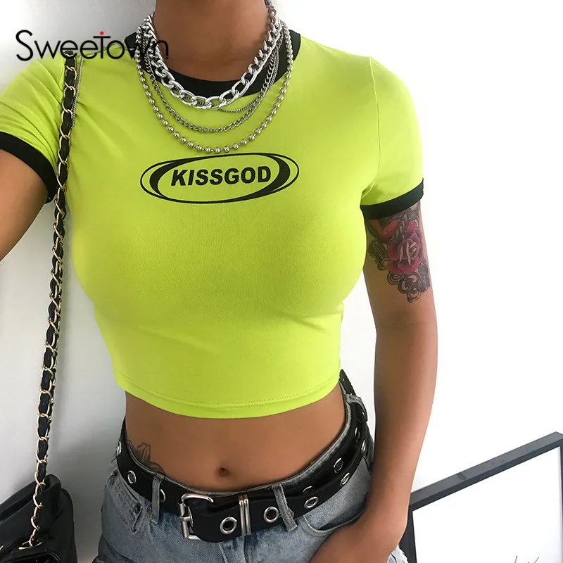 

Sweetown Fluorescent Green Slim Sexy Woman Tshirt Top 2019 Women Patchwork Cuffs And Collar Cropped Feminino Summer T Shirt